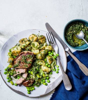 Minty salsa verde lamb with lemony potatoes and leeks 