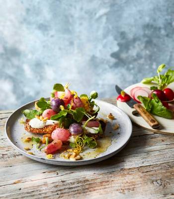 Roasted radish & goats’ cheese bruschetta with watercress