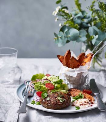 Spicy lamb patties and sweet potato wedges 