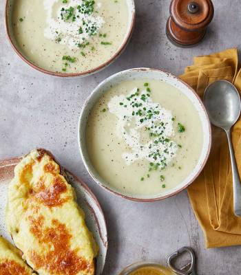 Leek, potato and cider soup with Welsh rarebit croutes