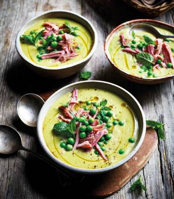 Creamy ham, double-pea and mint soup