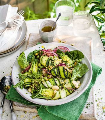 Lettuce, pea, butter bean and preserved lemon salad