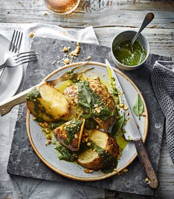 Whole roast celeriac with sage and walnut pesto