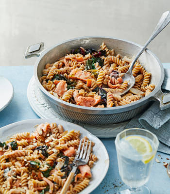 One-pan salmon pasta with white beans and chard