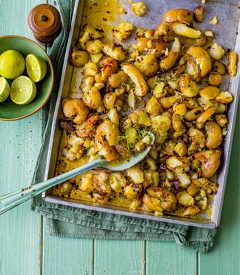 Smashed Jersey Royals with hot honey & lime 