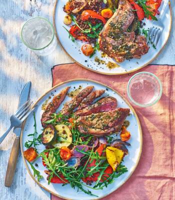 Minty lamb with rainbow veg and lentils