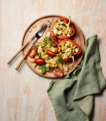 Feta-stuffed peppers with butter bean salad