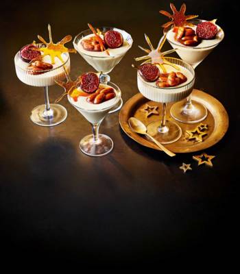White Christmas mousse with sticky toffee nuts and figs