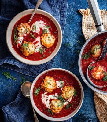 Beetroot and apple soup with horseradish-dill dumplings