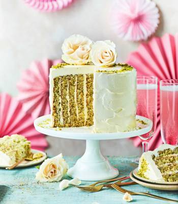 White chocolate, pistachio and rose stripe cake