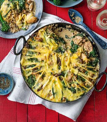 Chicken and wild rice bake with truffled brie crust