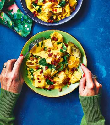 Saffron pappardelle with spinach and chorizo