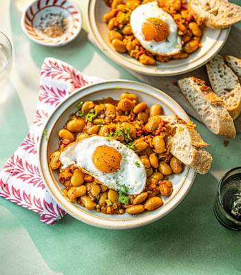 Saffron-braised butter beans with chorizo and fried eggs