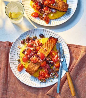 Baked salmon with puttanesca salsa