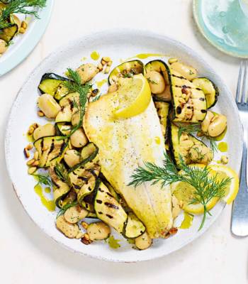 Sea bass with grilled courgette and butter bean salad