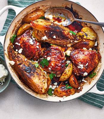 Sticky pomegranate chicken thighs and cabbage