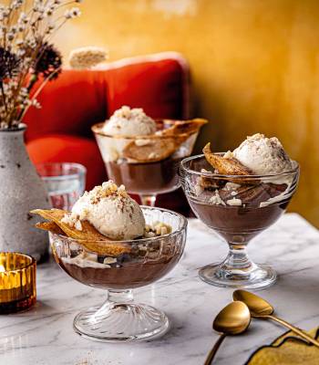 Chocolate delice with roasted pears and macadamia nuts