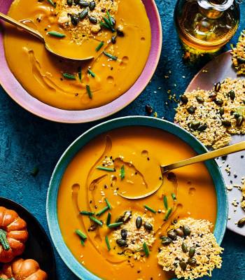 Miso, pecorino and pumpkin soup with seeded crisps