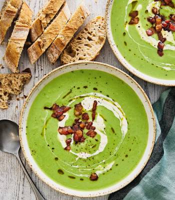 Marrowfat pea soup with crispy bacon and horseradish cream