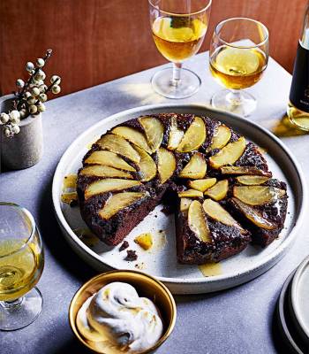 Chocolate and pear upside-down cake