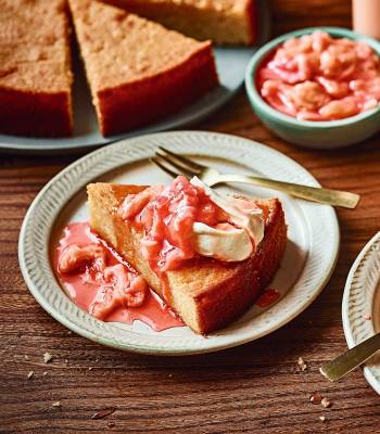 Orange semolina cake with rhubarb compote