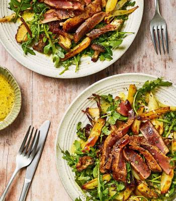 Balsamic tuna steaks with warm roast potato and mushroom salad