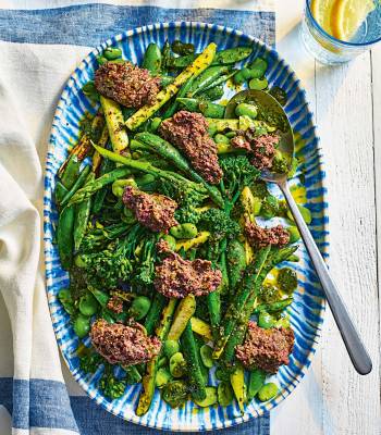 Basil-dressed spring vegetables with almond tapenade