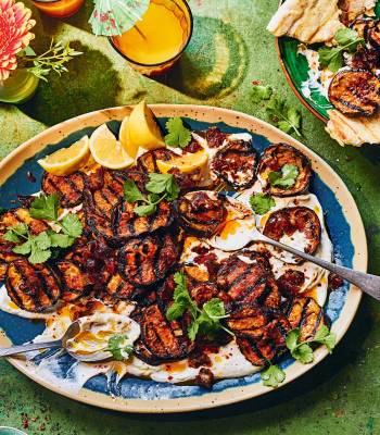 Shawarma-spiced aubergines with yogurt and hot date butter