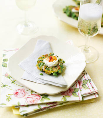 Pea and mint fritters with smoked chilli jelly