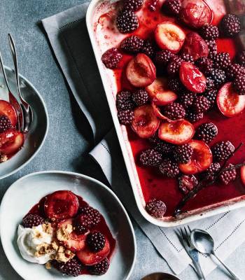 Baked blackberry and plum compote with amaretti and yogurt