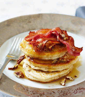Banana pecan pancakes with crispy bacon