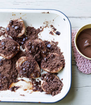 Double-choc crumble pears with chocolate custard