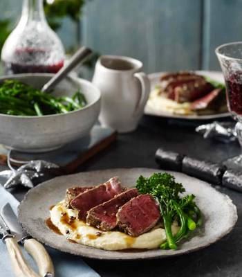 Three-pepper steaks with pommes mousseline 