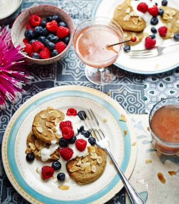 Almond banana pancakes with vanilla yogurt and berries