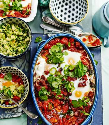 Baked spicy Mexican eggs and chunky guacamole