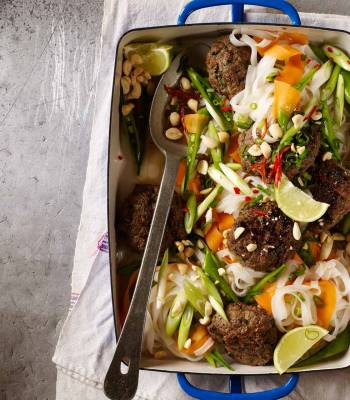 Massaman beef patties with noodles, lime and peanuts  