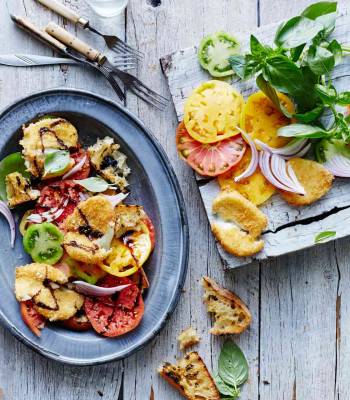 Tomato panzanella salad with deep-fried mozzarella