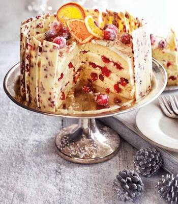 Orange, cranberry and white chocolate gateau 