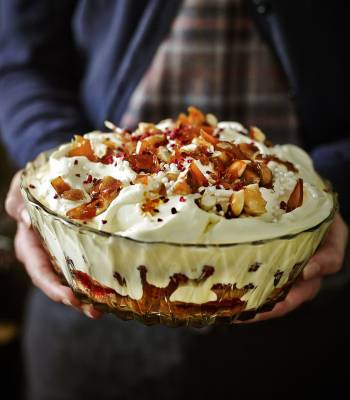 Raspberry and Amaretto trifle with salted caramelised almonds