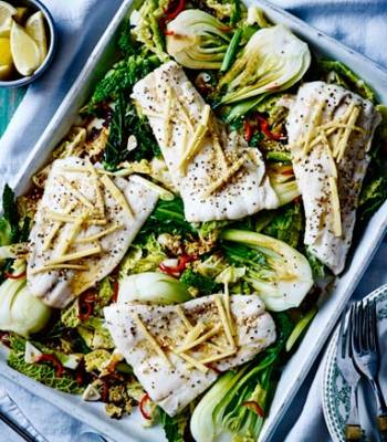 Sizzling haddock with greens and sesame seeds