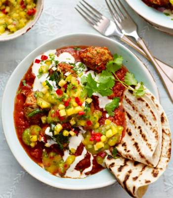 Lamb kofta curry with spinach and a fresh mango relish 
