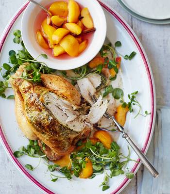 Summer roast chicken with watercress and spiced peaches