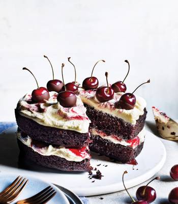 Vegan chocolate and cherry layer cake with vanilla frosting
