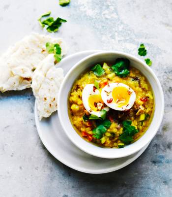 Golden vegetable dhal with soft-boiled eggs