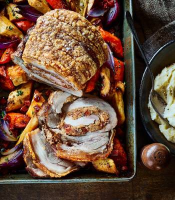 Chorizo-stuffed pork with roasted roots