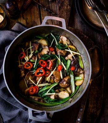 5-spice pork with water chestnuts and greens