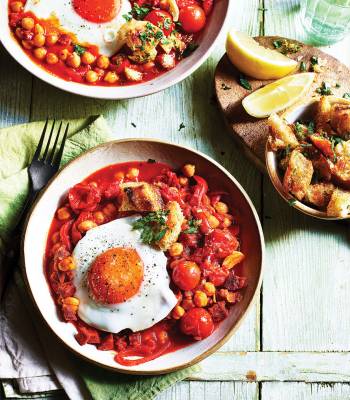 Spanish chickpea and chorizo stew with fried eggs