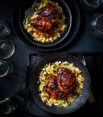 Sticky harissa and marmalade-baked chicken