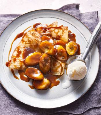 Pancakes with boozy butterscotch bananas    