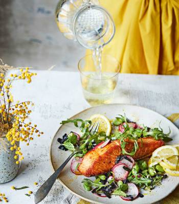 Salmon with broad bean and seaweed salad